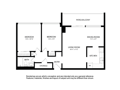 Floor plan for 2 beds, 1 bath, 900 sqft